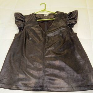 Voy Women’s size XL Black Faux Leather V neck Top with Ruffled Sleeves